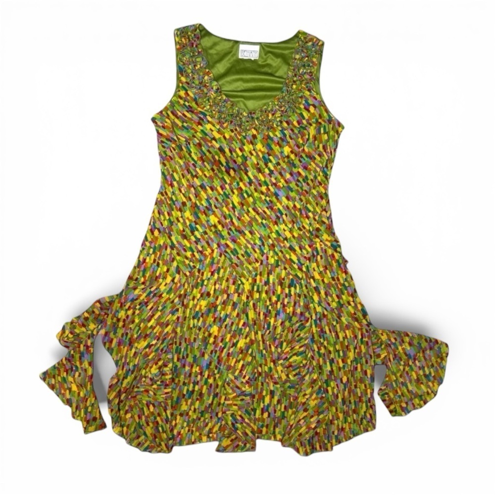 Vintage Bethany Abstract Print Ruffle Handkerchief Midi Dress M